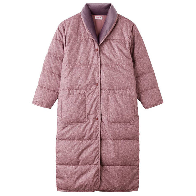 レディース ガウン 羽毛 暖かい 冬用 ルームウェア S M L 防寒 部屋着 ナイトガウン 女性用 軽い あったか 羽織り 室内着 前開き ピンク パープル グンゼ おうち時間 在宅ワーク 冷え対策 リラックスウェア 寝間着 シンプル ギフト プレゼント 母の日 (送料無料)