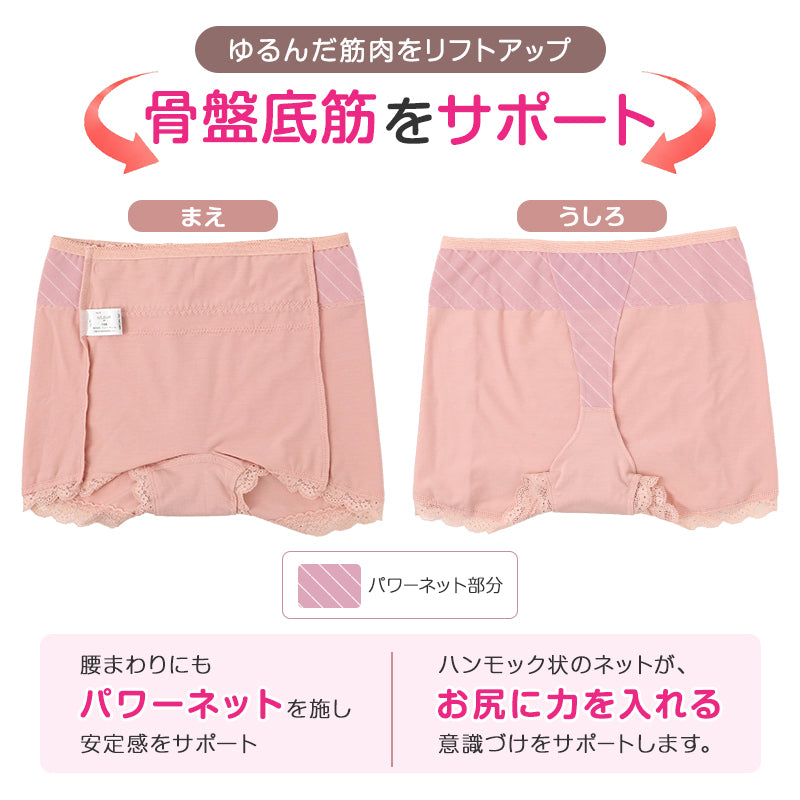 骨盤底筋 ショーツ レディース 骨盤底筋サポート 1分丈 パワーネット 綿混 女性用 婦人 下着 パンツ 補正下着 お尻を意識 ミセス レース ブラック グレー ピンク M L LL レディースショーツ 婦人ショーツ 女性用ショーツ 一分丈ショーツ 1分丈