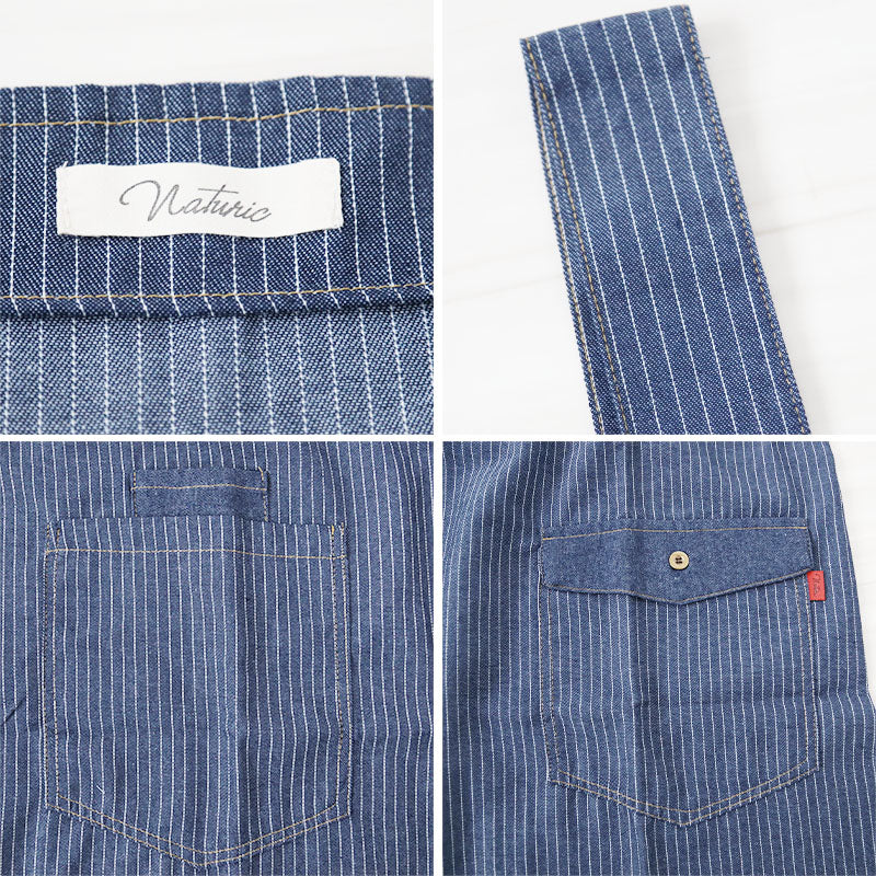 エプロン 男女兼用 デニム シンプル 無地 ストライプ 綿混 85cm 丈夫