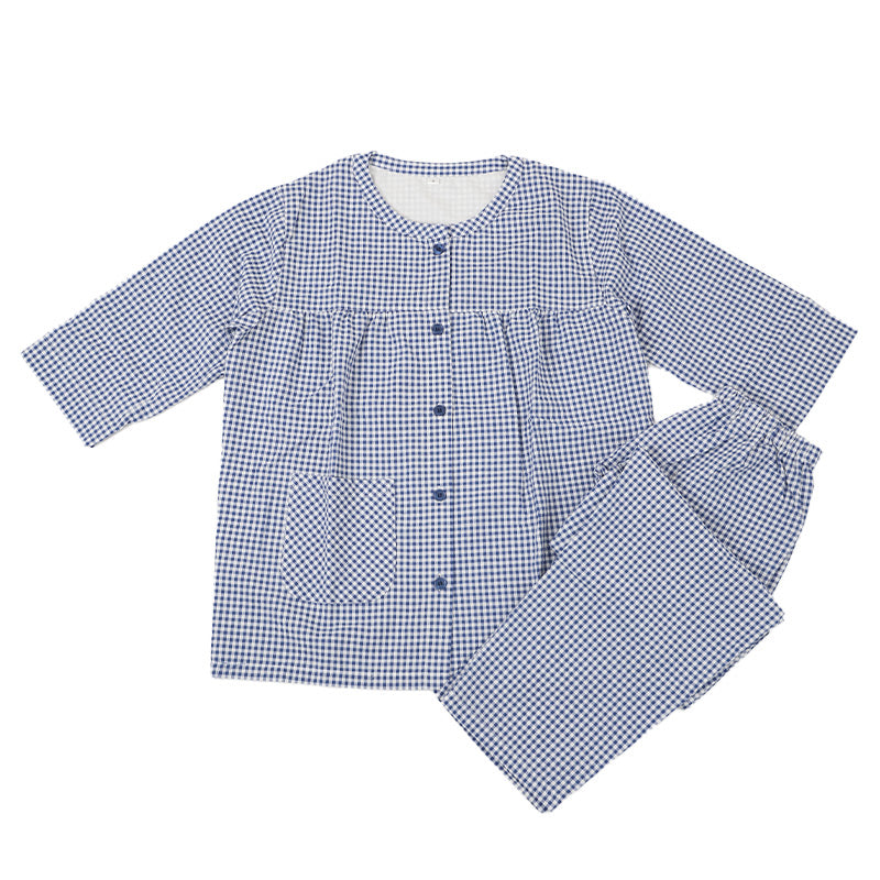 パジャマ レディース 6分丈 綿100 春夏 夏用 かわいい 涼しい 7分袖 婦人 前開き 部屋着 M L 長ズボン 丸首 女性 薄い 綿 寝巻 肌に優しい ルームウェア チェック ストライプ (在庫限り)