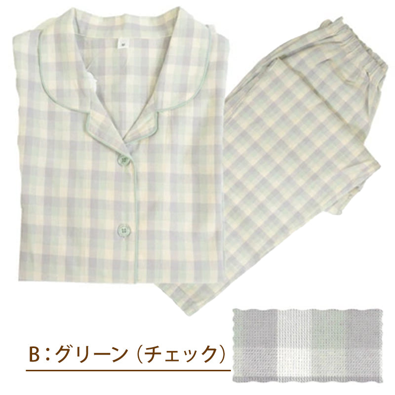 パジャマ レディース 綿100 長袖 婦人 先染め M・L チェック ストライプ 長ズボン 女性 綿 寝巻 肌に優しい ルームウェア 部屋着 (在庫限り)