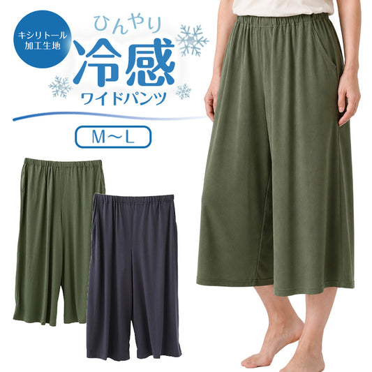ポリエステル レーヨン 冷感 涼感 ワイドパンツ レディース 夏 涼しい キシリトール加工 TR天竺 M～L ルームパンツ 部屋着 ロングパンツ ウエストゴム 両脇ポケット ゆったり 楽ちん さらっと きれいめ 無地 ミセス 婦人 ママ おうち時間 外出