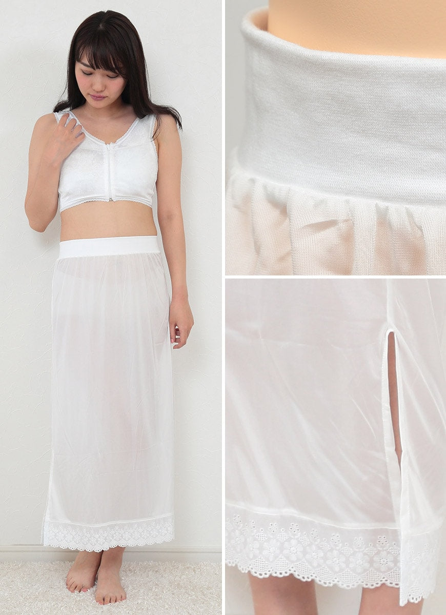 日本製 レディース 広幅レース付き スカート式 和装ペチコート (M・L)(和装下着 八重の下着本舗 婦人用 女性用 礼装 着付け 下着 肌着 ペティコート スカート下 裾除け 腰巻 こしまき)ON【和装呉服】 (在庫限り)