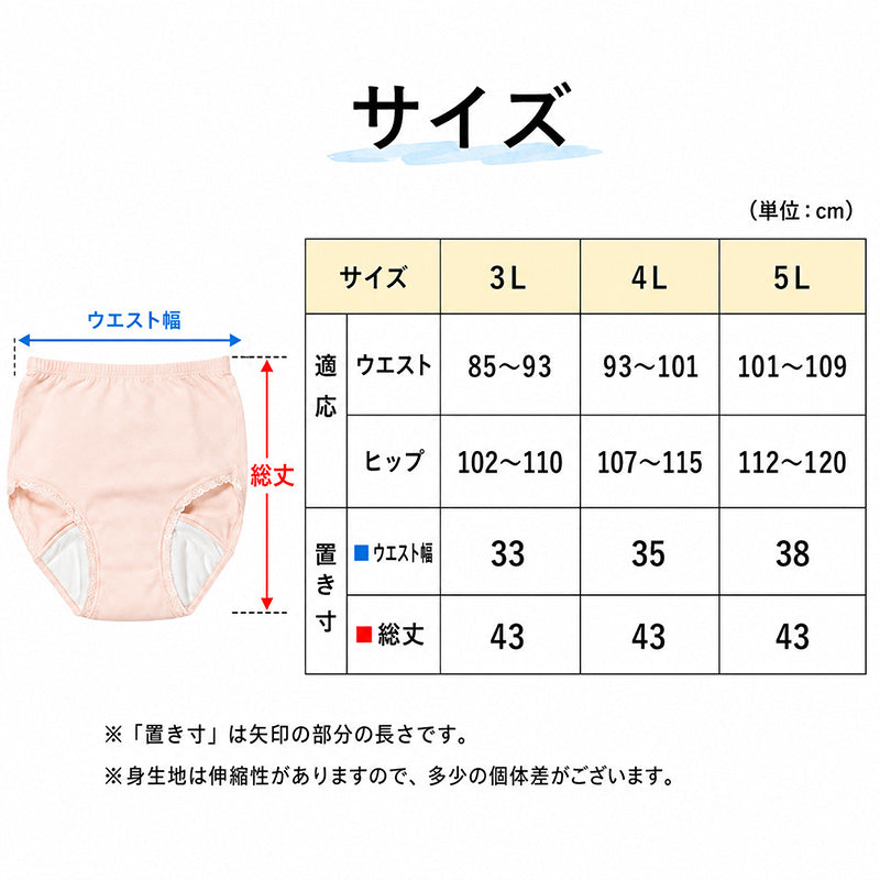 レディース 失禁ショーツ 60cc対応 大きいサイズ 3L 4L 5L 尿漏れパンツ 女性用 婦人用 吸水ショーツ 吸水パンツ 尿もれショーツ 3L 4L 5L 綿100% 腰ゴム ウエストゴム 入れ替え可能 抗菌 防臭 消臭 吸水帯一体型 パッド不要 洗える ちょい漏れ