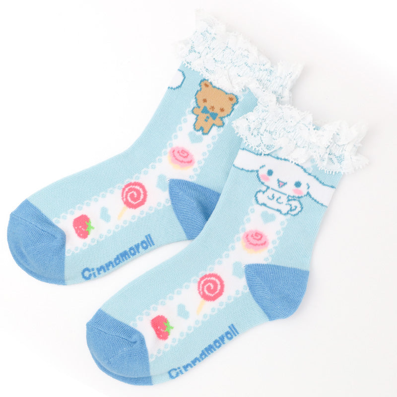 キッズ 靴下 女の子 ソックス フリル レース ロークルーソックス キャラクター プリンセス サンリオ 綿混 かわいい 子供靴下 キッズソックス 15-20cm 通園 通学 ガールズ ラプンツェル アリエル キティ シナモロール