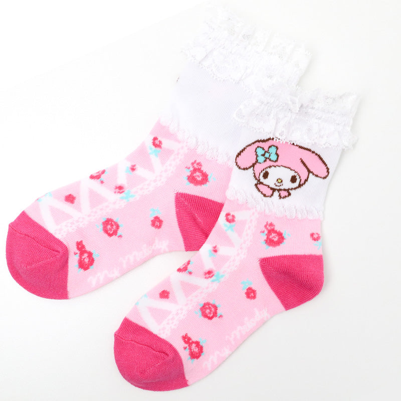 キッズ 靴下 女の子 ソックス フリル レース ロークルーソックス キャラクター プリンセス サンリオ 綿混 かわいい 子供靴下 キッズソックス 15-20cm 通園 通学 ガールズ ラプンツェル アリエル キティ シナモロール