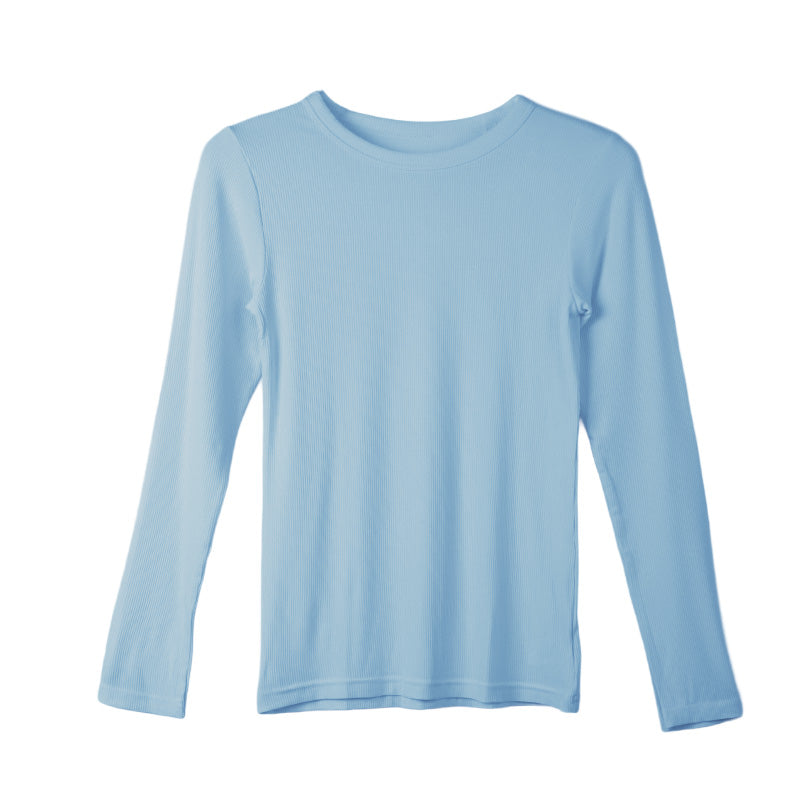 リブ 長袖 インナー レディース トップス Tシャツ クルーネック 丸首 M L LL 伸縮 ストレッチ 秋 冬 静電気防止 対策 薄手 あったか シンプル 無地 ボーダー 重ね着 レイヤード かわいい おしゃれ カラー 色 (在庫限り)