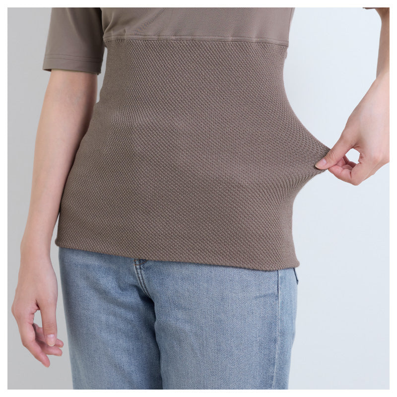 5分袖インナー レディース あったか ワッフル生地 腹巻付き M L LL インナー 秋冬 防寒 下着 保温 肌着 暖かい ストレッチ 伸びる 冷え対策 お腹 冷え取り ルームウェア 重ね着 部屋着 トップス ふんわり 優しい 着心地 柔らかい シンプル 無地 冬用 薄手 軽い