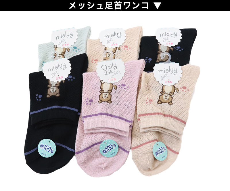 綿100% 靴下 レディース メッシュ ショートソックス 6足組 日本製 23cm セット コットン 春夏 夏用 柄 かわいい ソックス くつ下 くつした 女性 女子