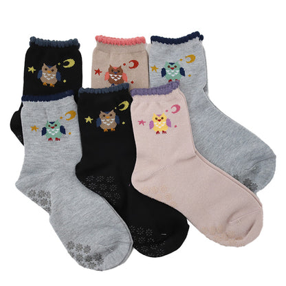 miolyy 足底すべりどめ ショートソックス 6足組 22-24cm(綿混 6足組 ショートソックス レディース バラ フクロウ かわいい 滑り止め) (在庫限り)