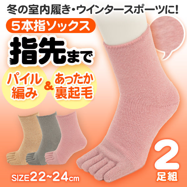 指先まで裏起毛 レディース ５本指ソックス ２足組 22-24cm (レディース 女性 婦人 五本指靴下 くつした くつ下 ソックス 靴下 ２足組 あたたか あったかい 寒さ対策 防寒 冬 裏起毛) 【在庫限り】