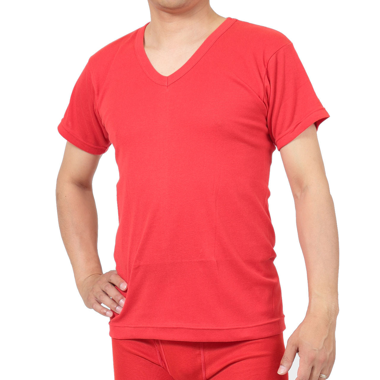 赤下着 メンズ 半袖Vネックシャツ M～LL (肌着 インナー 風水 運 レッド 男性 紳士 綿100% コットン ギフト プレゼント V首 M L LL)